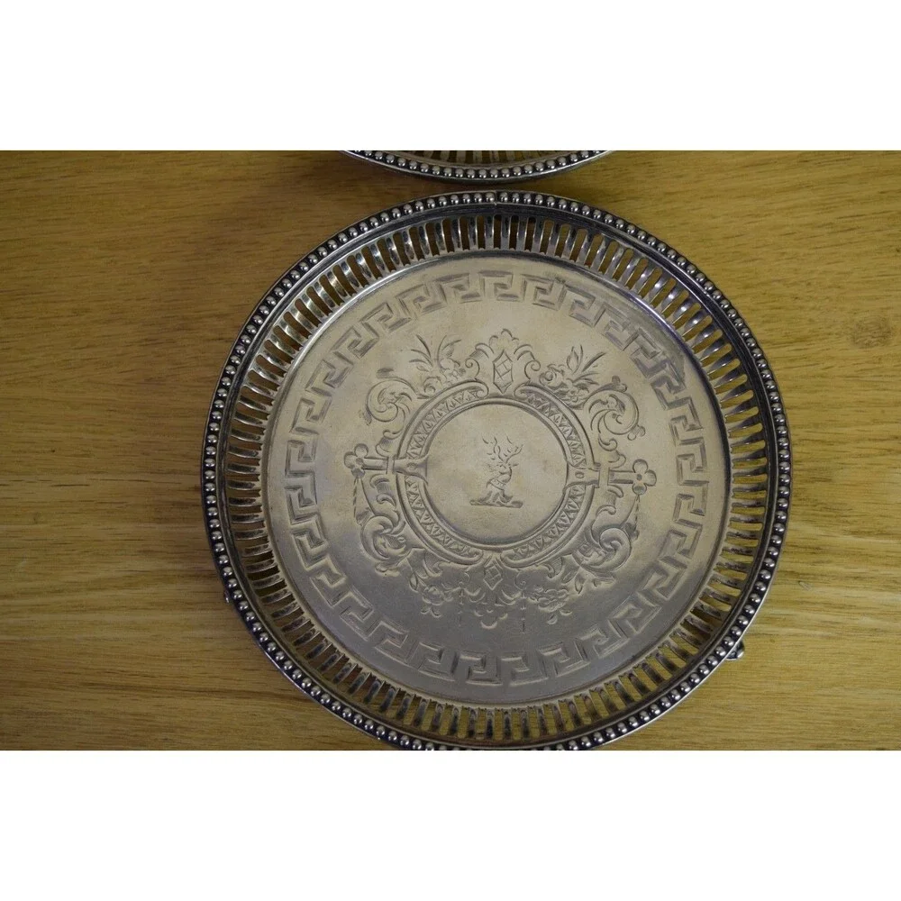 M.H. & Co VTG Gallery Trays w/ Stag Inlay Decorative Feet Set of 2 Silverplated